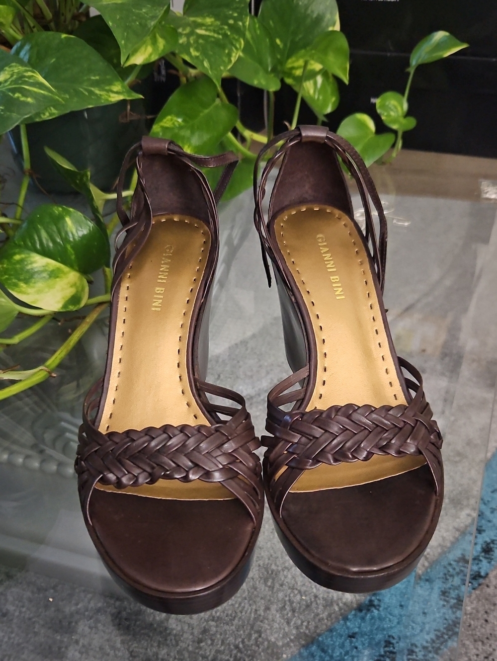 Gianni Bini Dark Brown Braided Leather Wedge Sandals